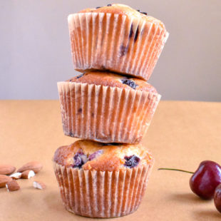 Stacked cherry almond muffins