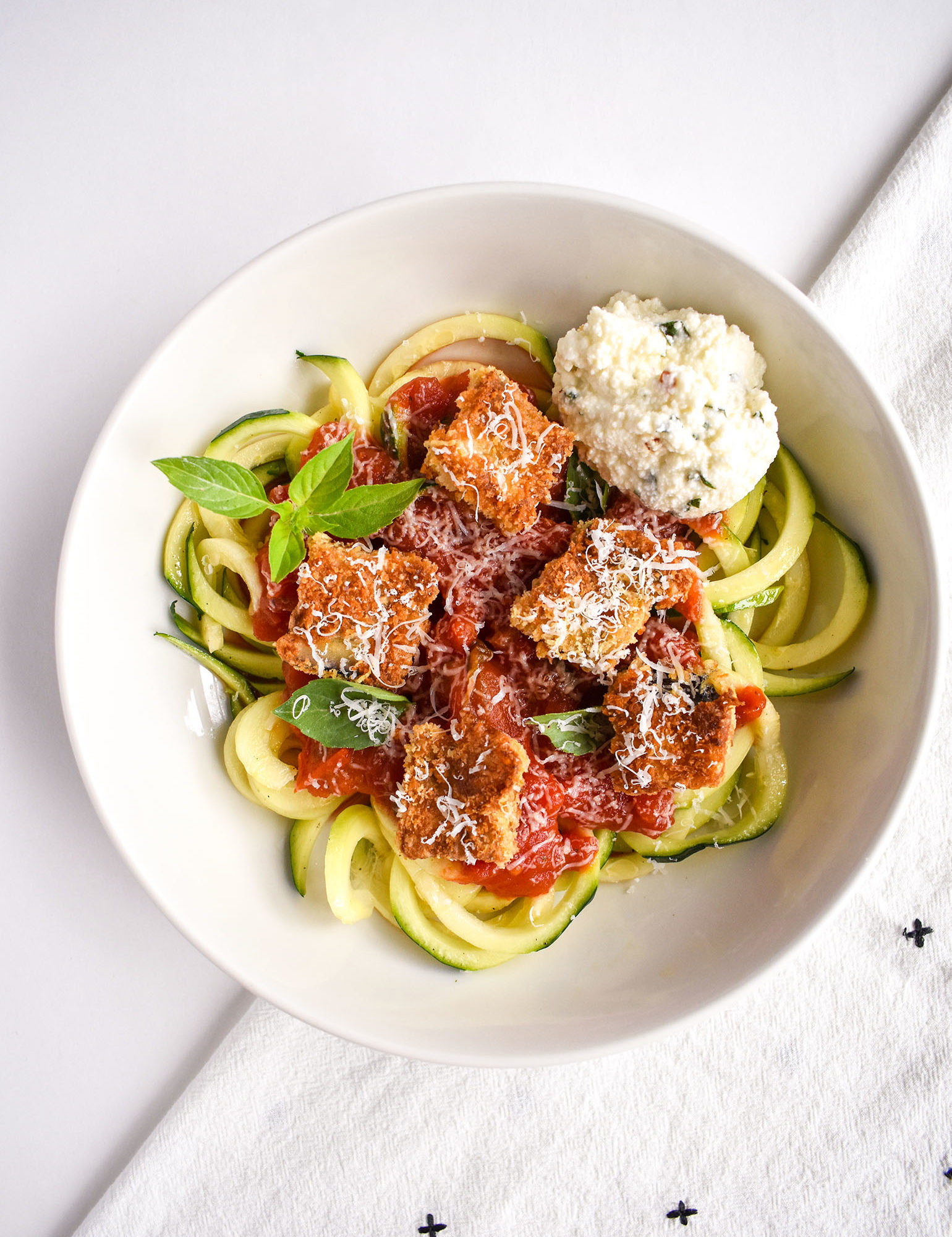 Zucchini noodles with breaded eggplant and ricotta- 3 summer ingredients and 3 meals.