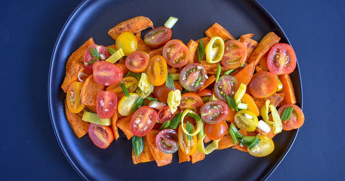 Savory Roasted Sweet Potatoes with Cherry Tomatoes I Brought Bread