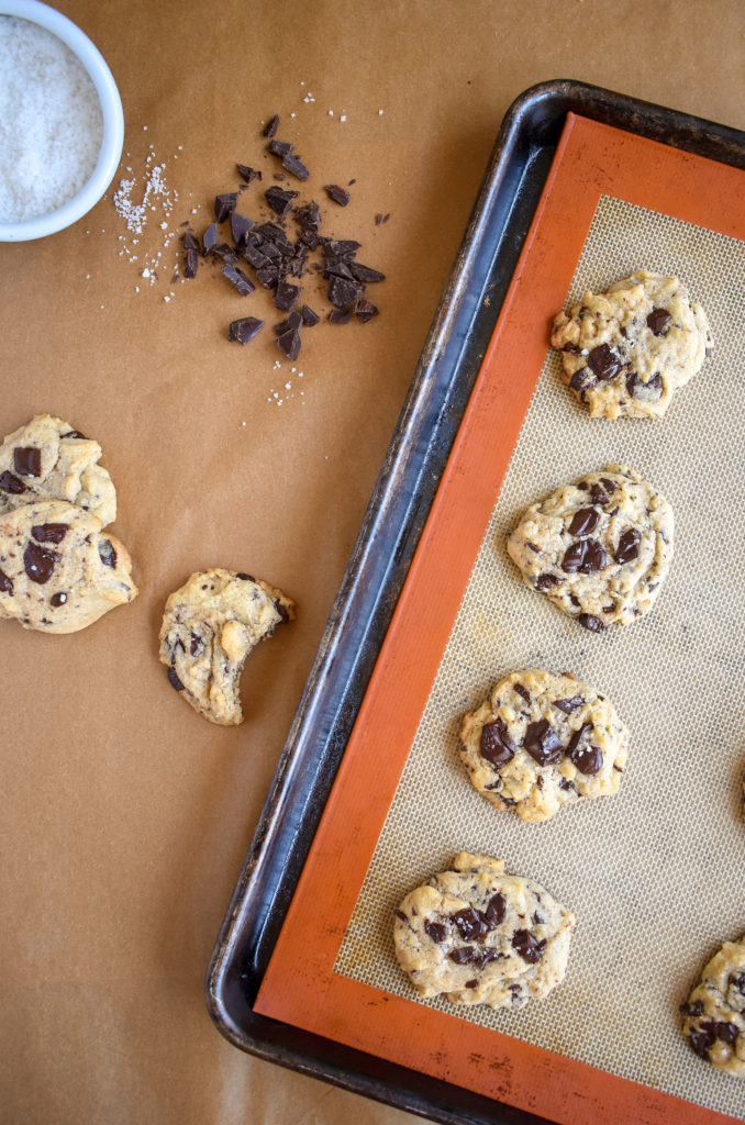 Tahini chocolate cookies on pan