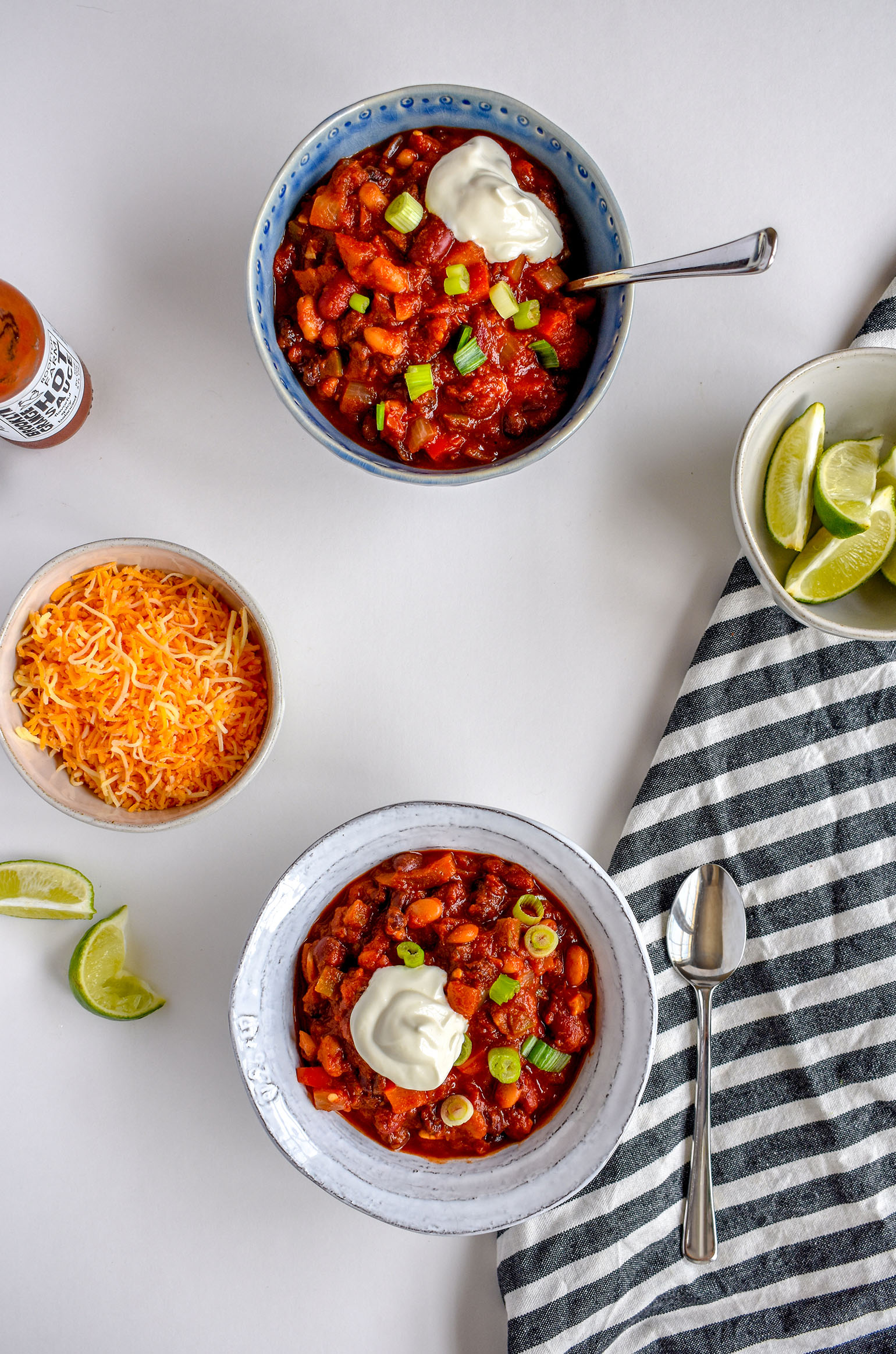 2 bowls of 3 Bean Simple Veggie Chili with Sides